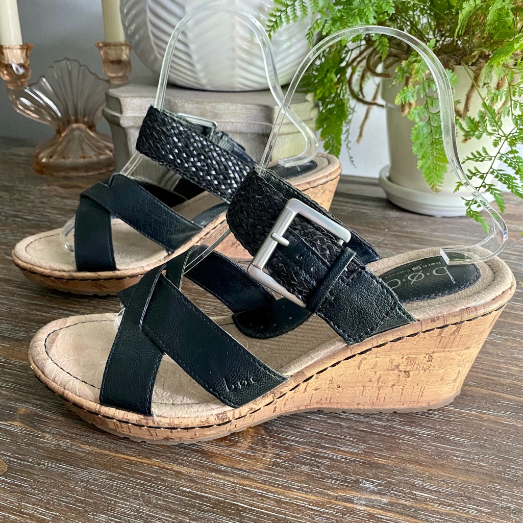 Born | Boc Concept Black Leather Slingback Wedge Leather Cork Sandal Women’s 8 M